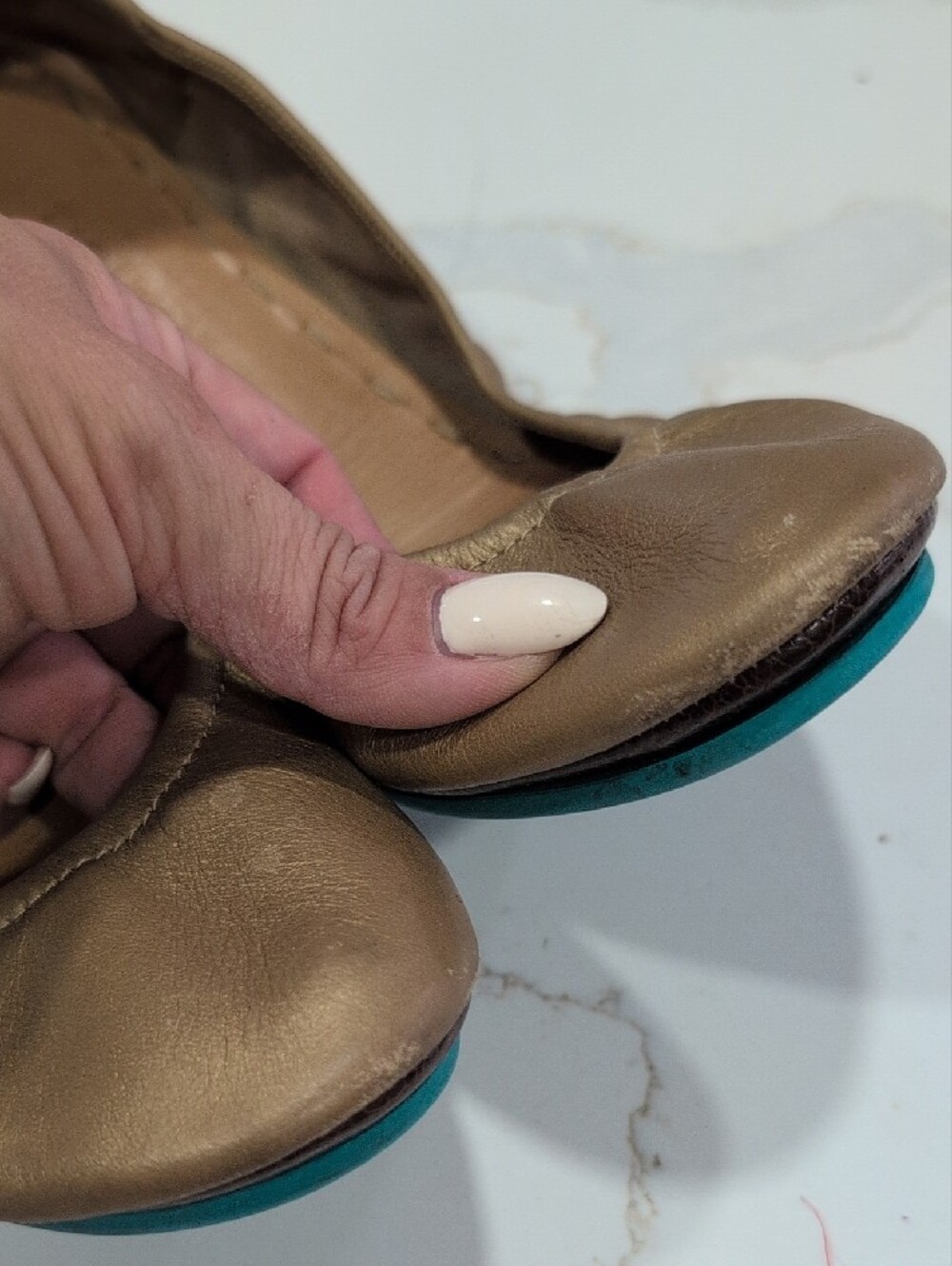 Tieks Gold Ballet Flats with Teal Accent - Picture 3 of 7